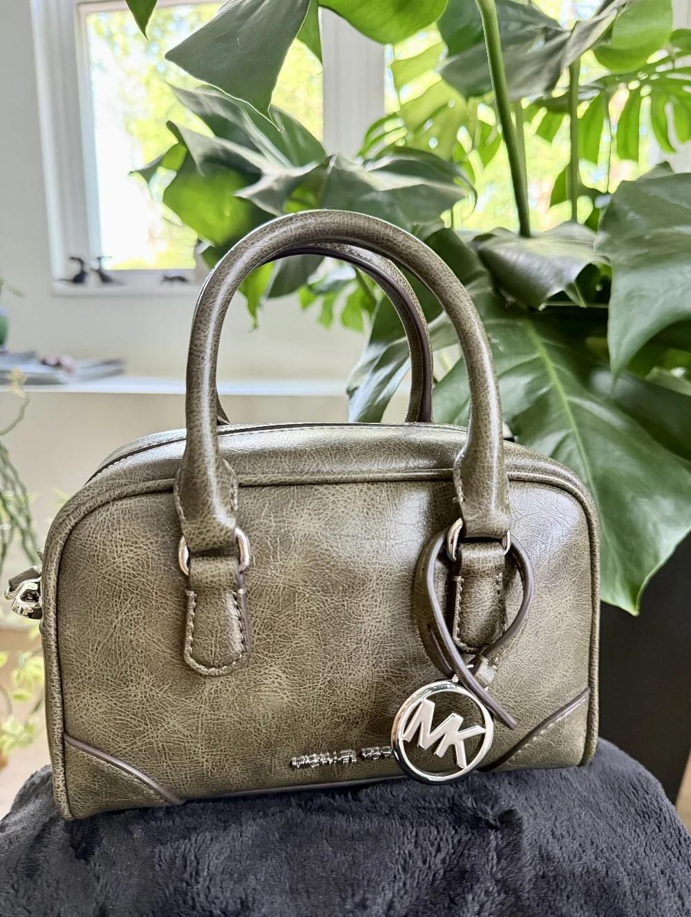 Michael Kors Olive Green Leather Satchel with MK Charm